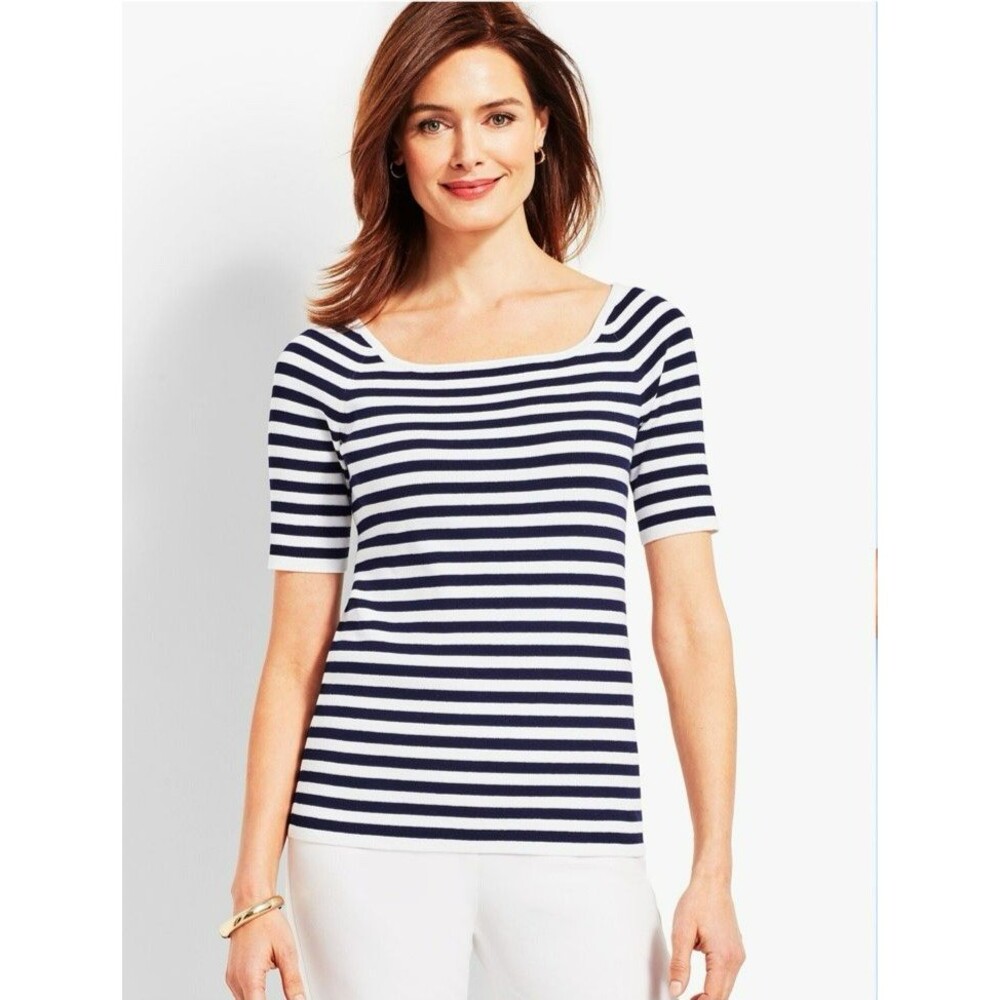 Talbots Sweater Women's M Navy White Striped Resort Square Neck Elbow Sleeve NEW